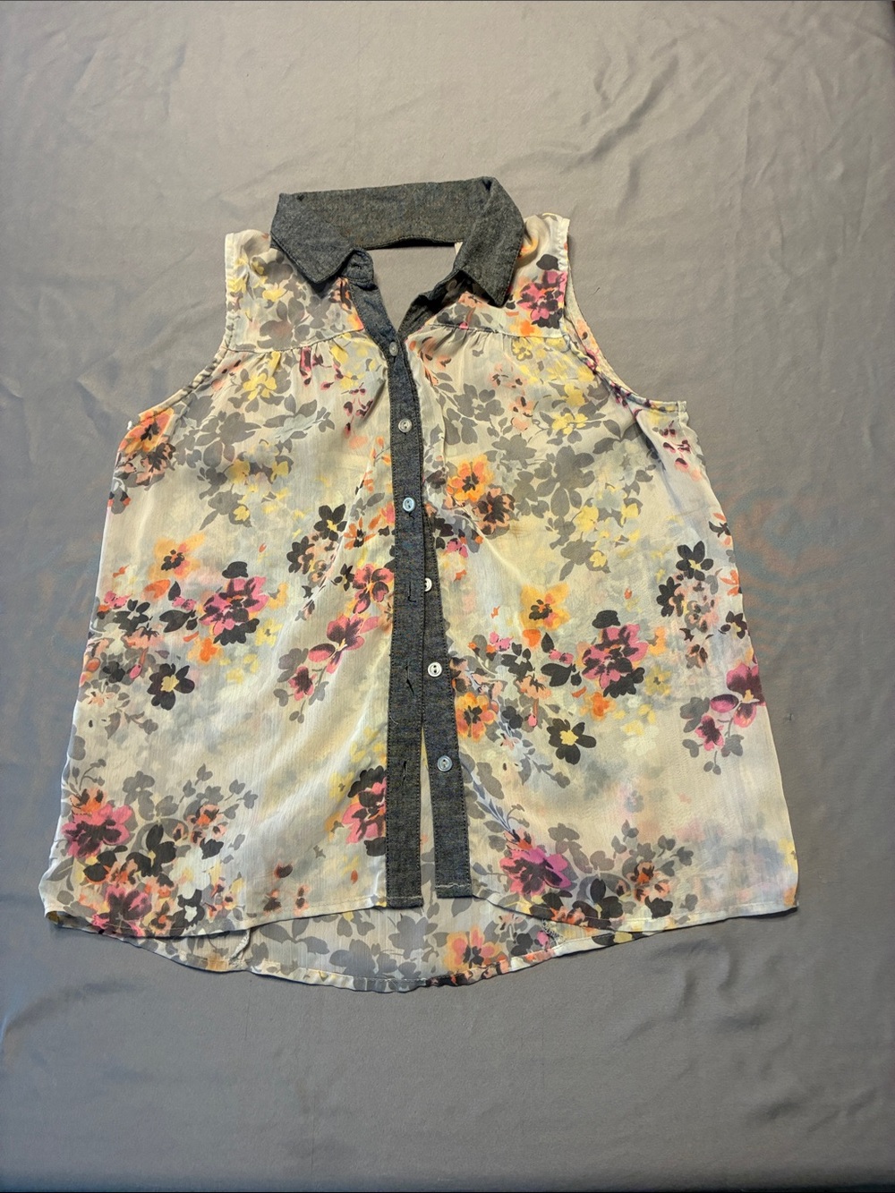 Love Squared Sheer Floral Sleeveless Button-Down Camisole with Dark Collar